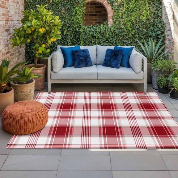 Outdoor Rug 3x5ft Check Plaid Large Area Rug Red White Indoor Outdoor Carpet Outdoor Rugs Mats for Patio Camping,RV,Front Door, Outside Decor