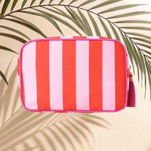 Cadorn Striped Canvas Clutch Bag for Women Portable Tassel Design Fashionable Cosmetic Organizer for Travel Beach Casual Outings and Daily Use