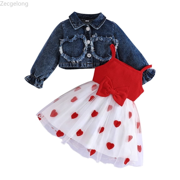 Zecgelong Girls Outfits Set Toddler Long Sleeve Denim Jacket With Bow Tie Heart Print Dress Casual Winter Fall Clothes For Baby 6 Months To 3 Years Girls Outfits Sets Age 9-12 Months