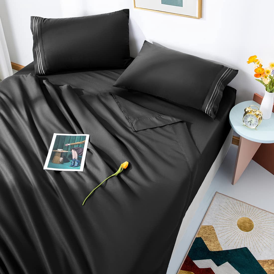 RWLVPE 4-Piece 1800 Series Microfiber Bed Sheet Set, Luxury 16" Deep Pocket Hotel Bedding, Wrinkle-Resistant & Breathable