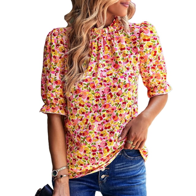 Blusa con cuello alto y estampado floral para mujer, blusa con cuello alto y estampado floral, tecnología innovadora