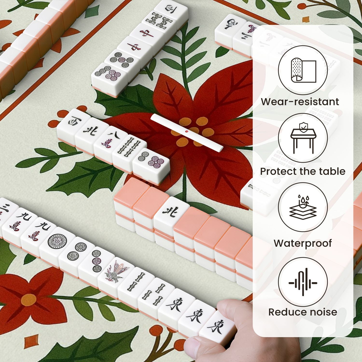 Mahjong Mat 31.5" x 31.5" Festive Poinsettia Flower Holiday Greenery Red Floral Anti-Slip and Noise Reduction Symmetry Design Mahjong Tiles Table Cover for Dominoes Poker Card Board and Tile Games