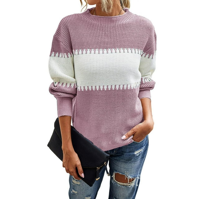 EGNMCR Sweaters for Women Mode Femme Manches Col Rond Haut Ample Tricoté