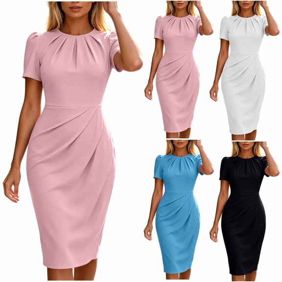 Women's Crew Neck Short Sleeve Bodycon Midi Dress, Solid Ruched Waist Slim Fit Party Wedding Guest Pencil Dress Pink XL(XL)
