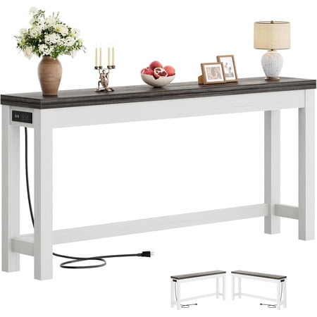 Homieasy 63" Console Tables for Entryway, Long Console Tables for Living Room, Behind Couch Table, Sturdy Wood Support Farmhouse Entryway Table with 3AC+2USB Changing Station, Gray oak