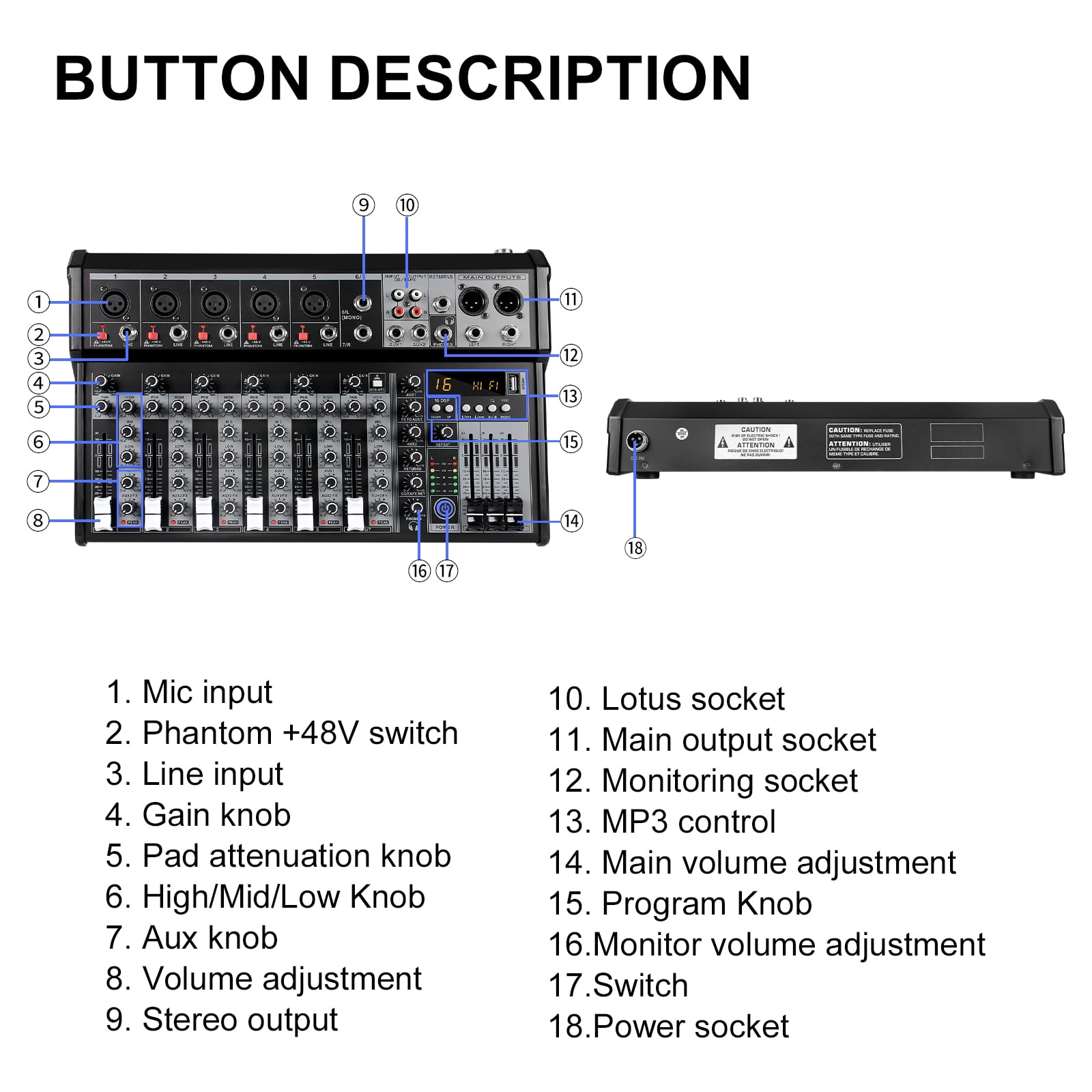 7 Channel Audio Mixer, Portable Audio Mixer w/16 Built-In Preset Sound Effects & USB DJ Sound Mixing Console MP3 Jack 48V Power for Computer Recording, Sounds Mixer Board For Studio Recording