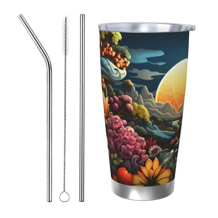 

Zeuib Sunset Floral Fantasy Landscape Printed 20oz Stainless Steel Insulated Car Cup Stainless Steel Thermal Cup Vacuum Insulated Leak-proof Travel Mug Cup-Straw Three-piece Set