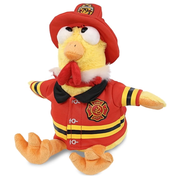DolliBu Yellow Rooster Firefighter Stuffed Animal - Rooster Fireman Toy with Red Fireman Costume Outfit and Fireman Hat, Cute Farm Life Stuffed Animal Fire Fighter Doll Plush Toy for Kids - 10.5 Inch