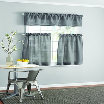 Mainstays Solid Color Light Filtering Rod Pocket Kitchen Window Curtain Tier and Valance, 3-Piece Set, Gray, 56 x 36