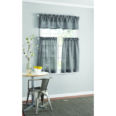 Mainstays Solid Color Light Filtering Rod Pocket Kitchen Window Curtain Tier and Valance, 3-Piece Set, Gray, 56 x 36