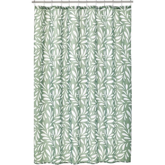 Long Decorative Leaf Print - Easy Care Fabric Shower Curtain with Reinforced Buttonholes, for Bathroom Showers, Stalls and Bathtubs, Machine Washable - 72" x 84" - White/Green