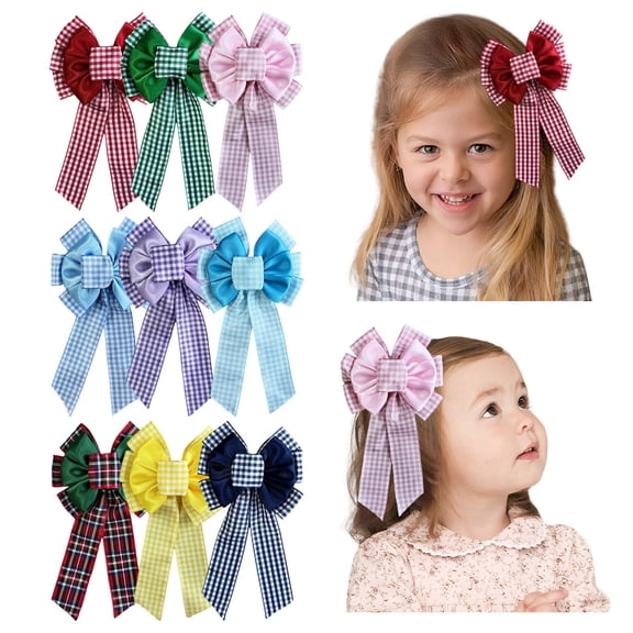 JoyBowie 9 pack 7 inch gingham hair bows, layered plaid ribbon baby bows with clips for girls toddlers