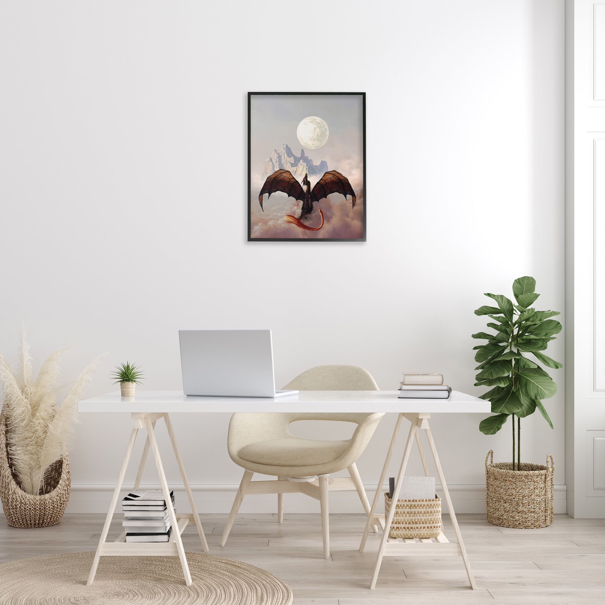 Stupell Industries Dragon & Full Moon Fairy Tales & Fantasy Painting Black Framed Art Print Wall Art, 24 x 30