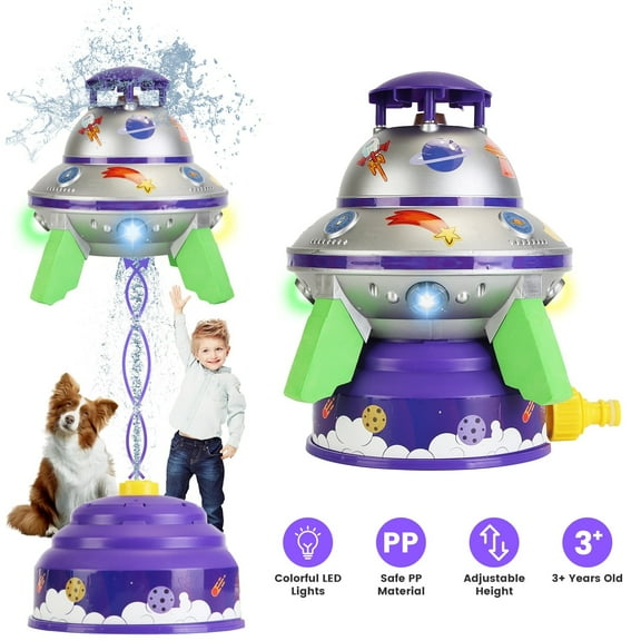 Imountek Water Sprinkler Toy for Kids Outdoor, 360° Spinning with Colorful LED Lights, Adjustable Height 1.6-6.6ft, Summer Pool Lawn Sprinkler for Boys Girls Ages 3 , Purple