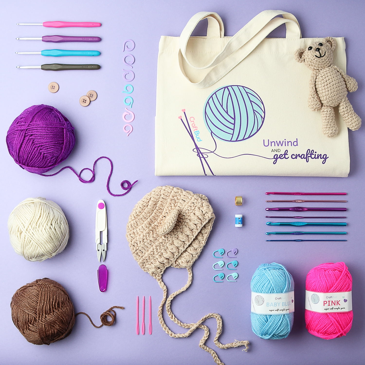 Craftbud 73 Piece Crochet Set Kit with Crochet Hooks Yarn Set - Premium Bundle Includes Yarn Balls, Needles, Accessories Kit, Canvas Tote Bag for Travel - 2