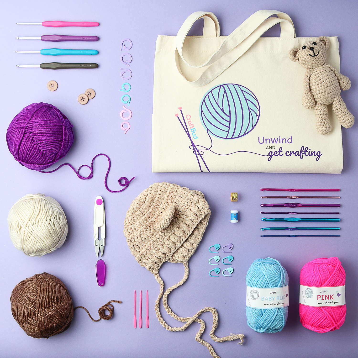 Craftbud 73 Piece Beginners Crochet Kit with Crochet Hooks Yarn Set, Premium Bundle Includes Yarn Balls, Needles, Accessories Kit, Canvas Tote Bag for Travel - image 5 of 9