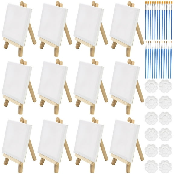 ZYNERY 12-Pack Mini Art Kit, 4 x 4 Inch Canvas Boards, with Easels, Flat Brushes, Pointed tip Brushes, White Palettes, Art Set for Kids Adults, Classroom Birthday Party Favors