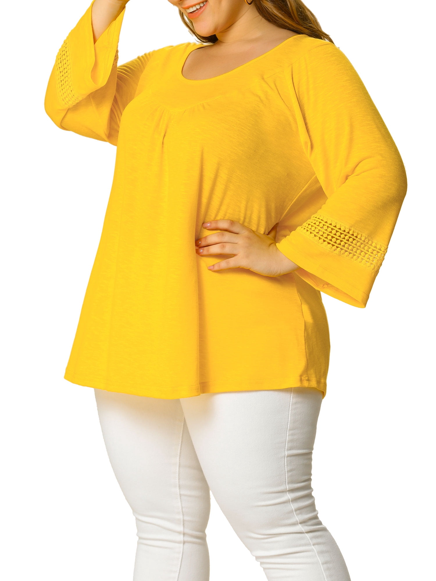 Unique Bargains Juniors' Plus Size Crochet Panel Kimono Raglan Sleeves Ruched Front Top Yellow 2X