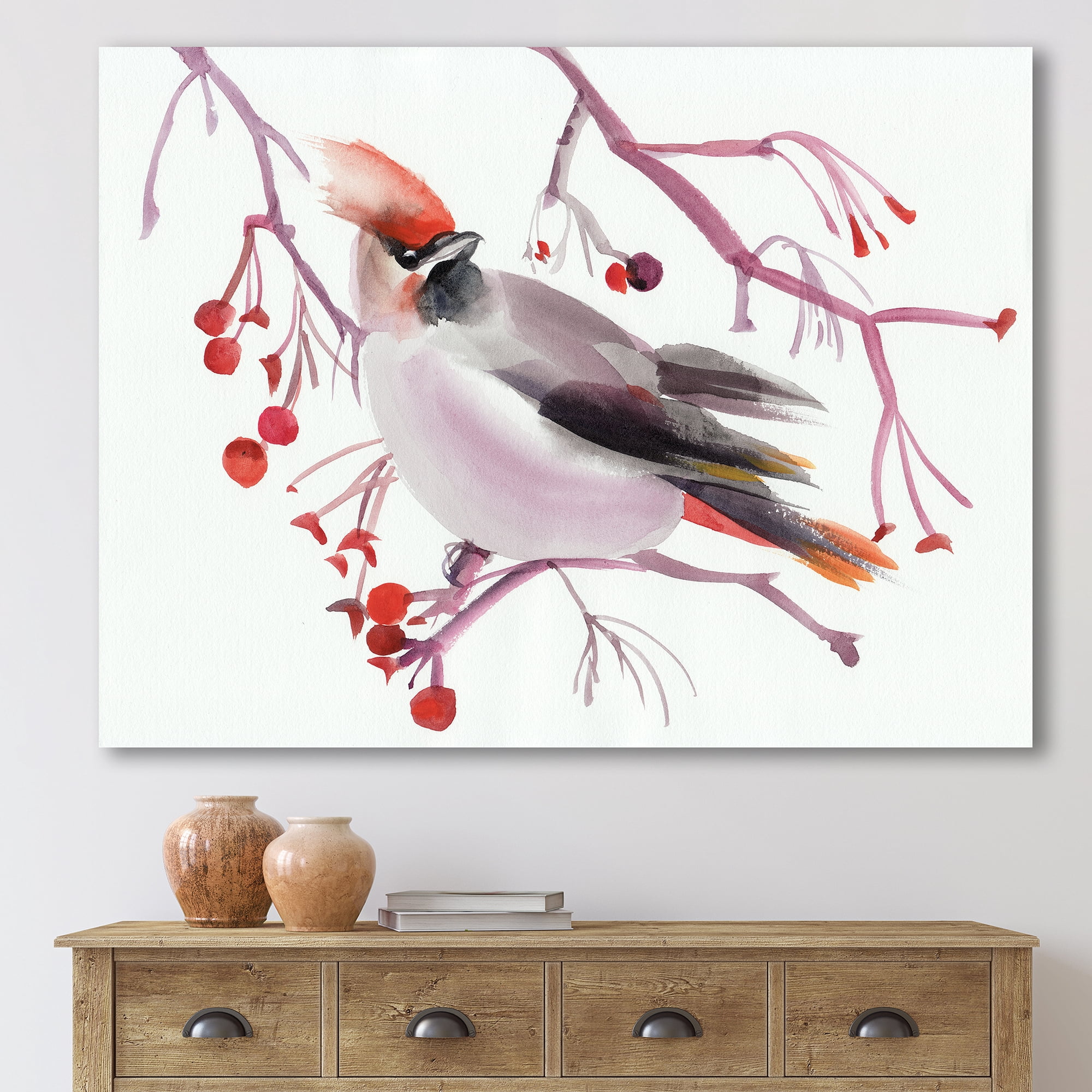 Designart ' Waxwing Bird Sitting On A Branch ' Traditional Canvas Wall Art Print