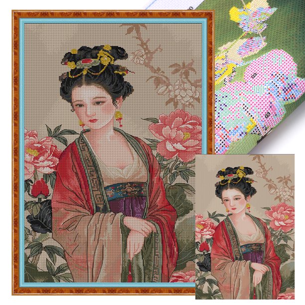 (RA680) Hilo Algodón Ecológico Bordado 14CT 2 Hebras Impresión 41*63cm Kit Serie Personajes Punto Cruz Con Imagen Mujer (borde Gancho)