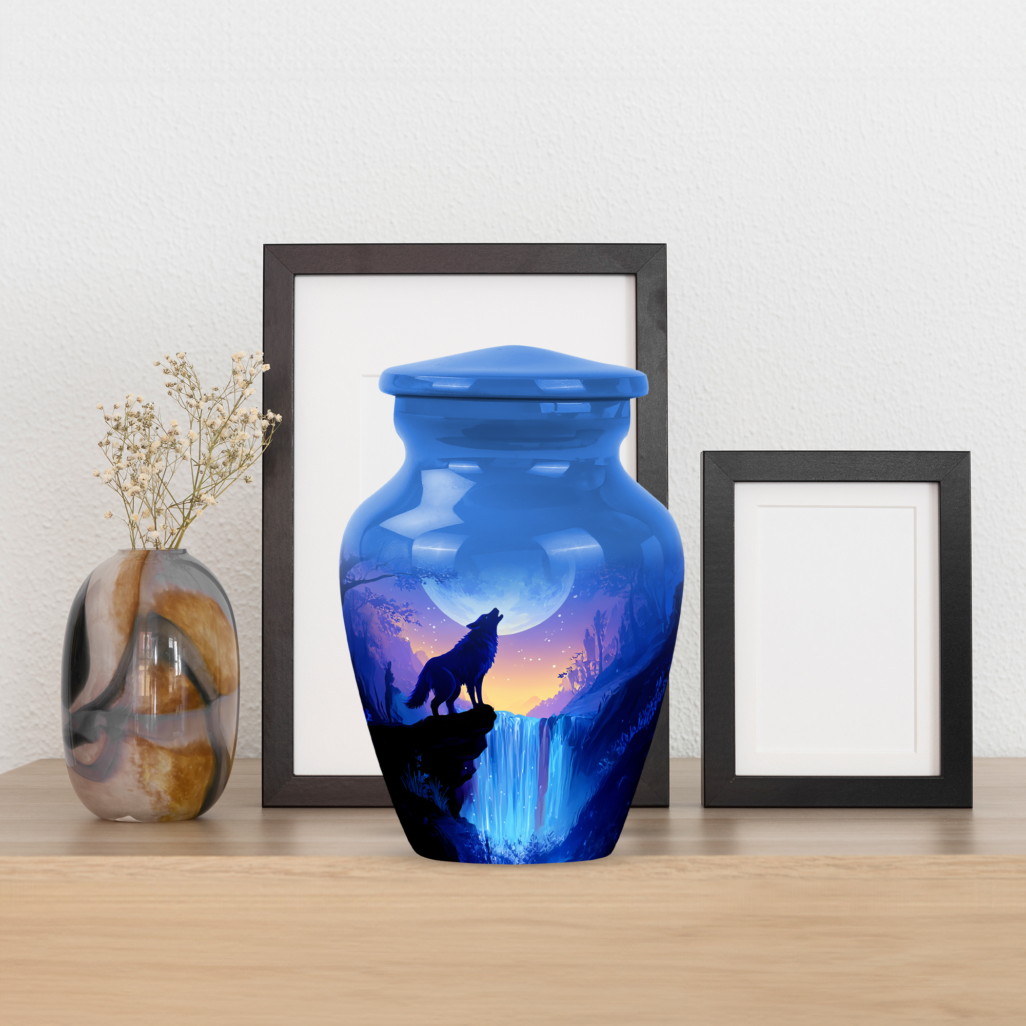 MUKTIVE Waterfall Keepsake Burial Urns for Human Ashes Adult Man, Mini Aqua Blue Burial Urns for Human Ashes Adult Female, Tiny Wolf Urn, Mini Moon Portable Urn for Travel, 3 Inch