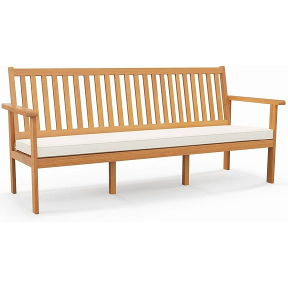 QISHENSHUI Outdoor 3-Seat Acacia Wood Bench, 64 Inches Extra Long Chair with Cushion, Slatted Seat & Backrest, 3-Person Patio Wood Bench for Backyard, Porch, Balcony & Garden