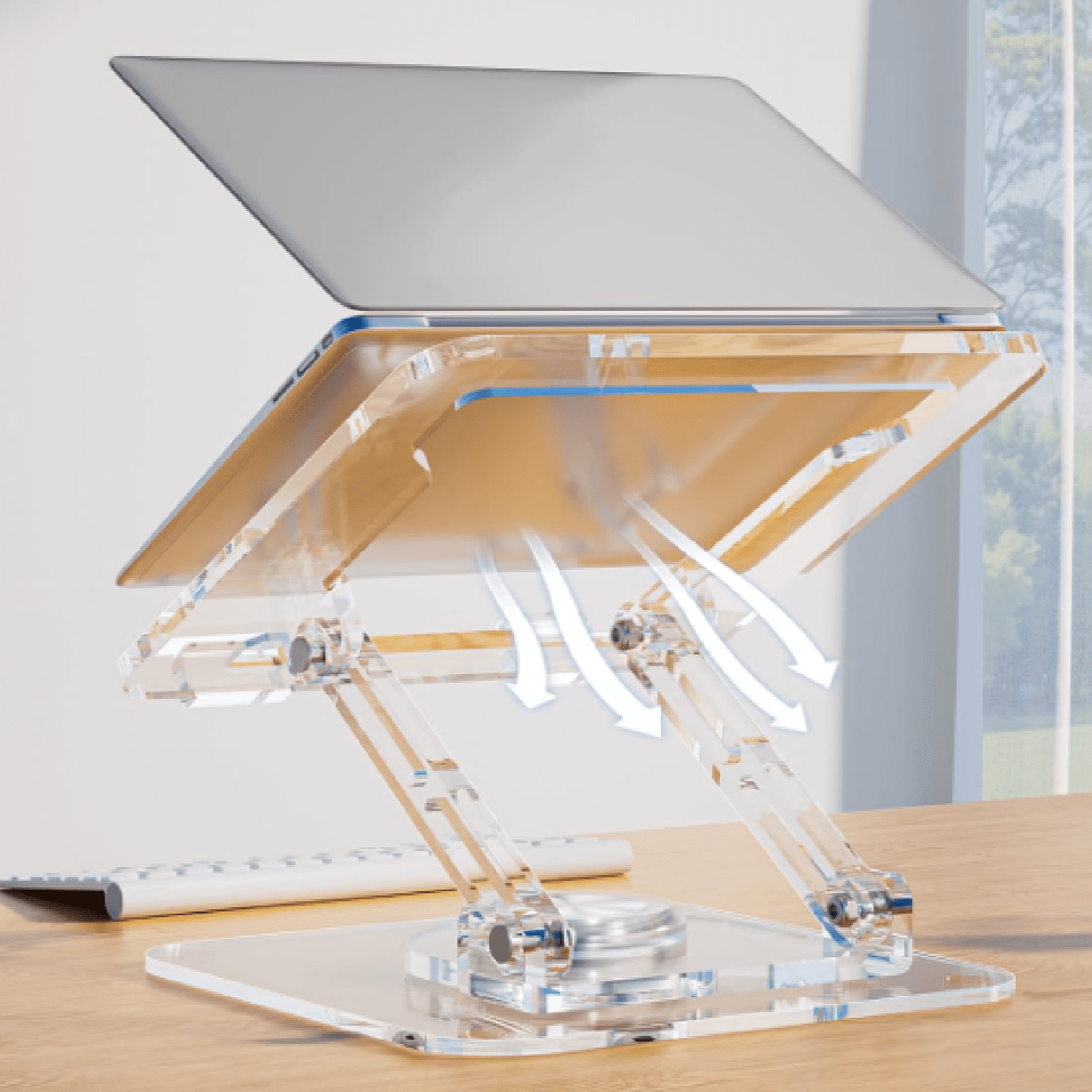 Laptop Stand for Desk - Adjustable, Foldable Clear Acrylic Riser with 360° Rotating Base, Ergonomic Laptop Holder for MacBook Pro/Air & 10-16” Notebooks