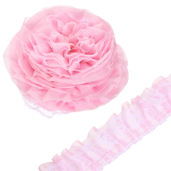 Uxcell Pink Double-Layer Ruffle Lace Trim 5 Yards, 4.5cm Wide Pleated Chiffon Lace Ribbon Gathered Edging Trimming Fabric for DIY Sewing Crafts Dress Home Decoration