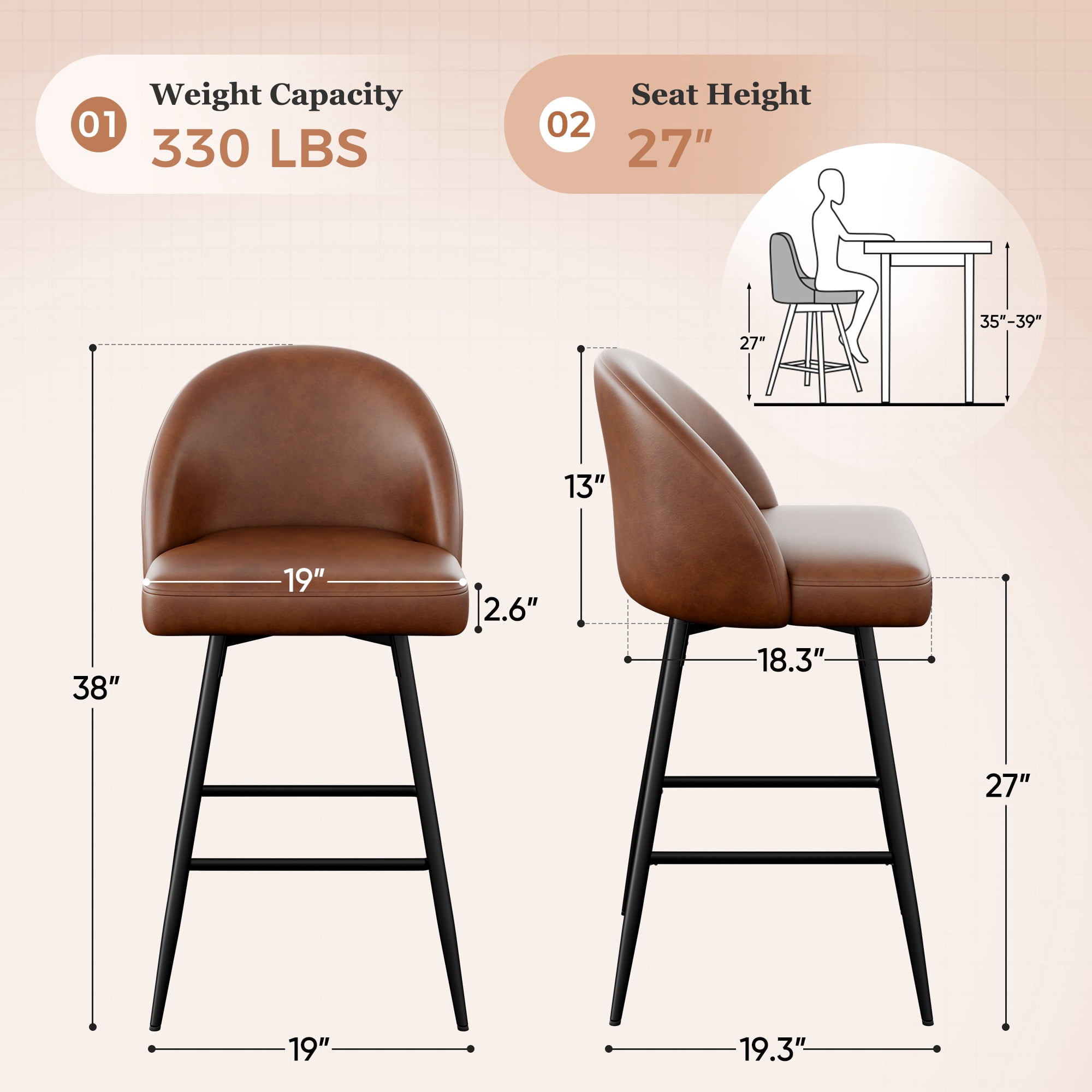 CDCASA Swivel Counter Height Bar Stools Set of 3, 27" Seat Height Modern Barstools with Back and Metal Legs, Upholstered Kitchen Island Chairs, Faux Leather in Brown