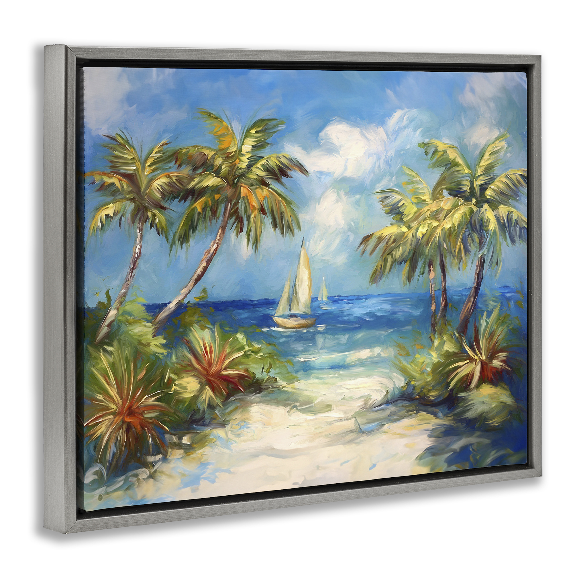 Stupell Industries Tropical Paradise Harbor Coastal Painting Gray Floater Framed Canvas Art Print Wall Art, 21 x 17