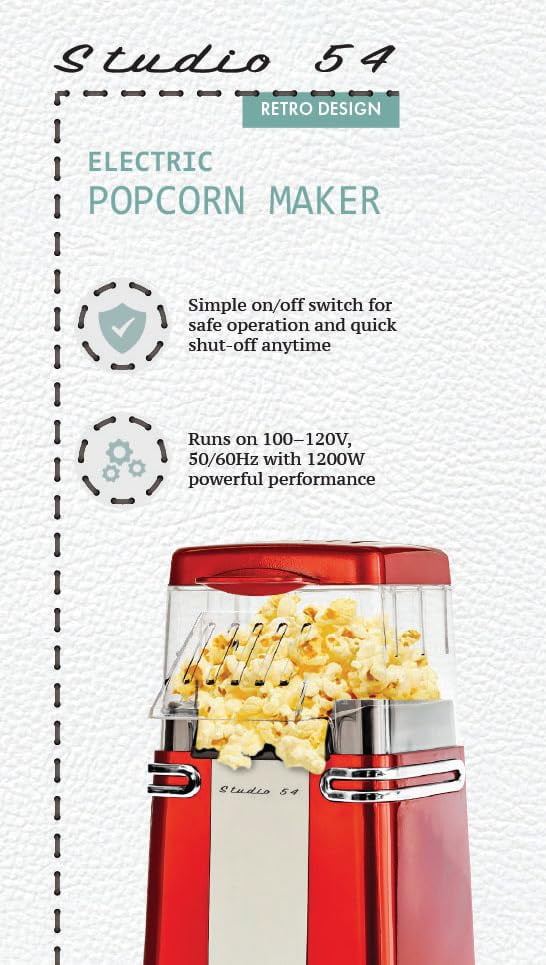 Studio 54 Retro Electric Popcorn Maker – Hot Air Popper, Oil-Free Mini Popcorn Machine with 8-Cup Capacity, 900W Air Popcorn Maker, Compact Countertop Design with Butter Melting Lid, Red