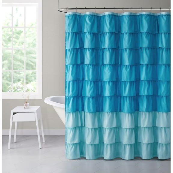 Shabby Ruffled Fabric Shower Curtain - Aqua