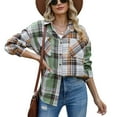 thumbnail image 1 of Camisa a cuadros de manga larga para mujer, diseño de bolsillo en el pecho con botones, abrigo informal holgado a la moda para mujer, verde L, 1 of 7