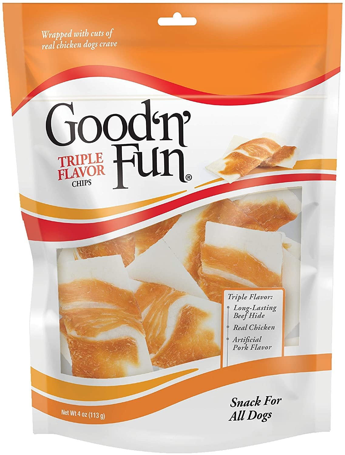 4 Oz GoodnFun Triple Flavor Rawhide Chips with Real Chicken Pack of 12 