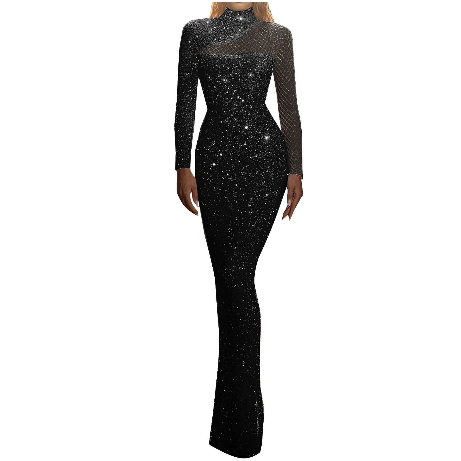 QATAINLAV Weekly Sale Holiday Dresses for Women 2024 Wedding Party Glitter Sequins Dress Long Sleeve Slim Fit Ball Gown Elegant High Neck Mesh Hollow Out Cocktail Dresses Black M