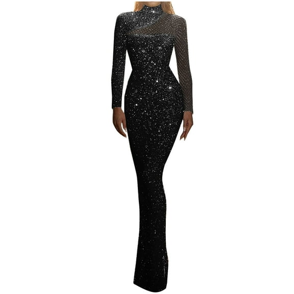 TMOYZQ Women's Sparkly Glitter Sequin Formal Maxi Dress Long Sleeve Mock Neck Shinny Mermaid Evening Party Dress Prom Ball Gowns Wedding Guest Dress