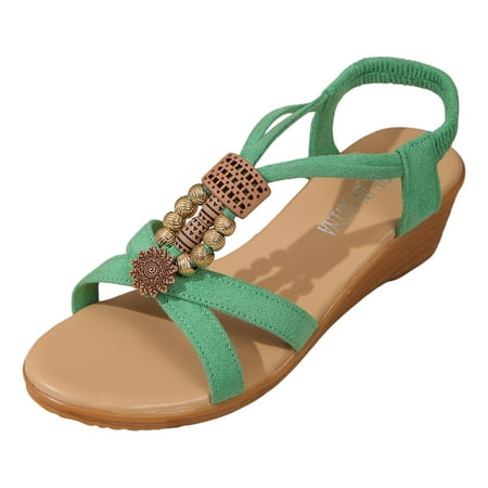 

Jungdeepe Ladies Summer Retro Bohemian Style Beaded Milled Velvet Open Toe Beach Outwear Plus Size Sandals Closed Toe Wedges Sandals Shoes for Women Cat Slides Summer Wedge Sandals for Women Womens