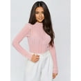 thumbnail image 5 of Women Sexy- See Through Long Sleeve T-Shirts Mesh Sheer Skinny Rib Scalloped Trim Tees Blouse Top Outfits Pink M, 5 of 7