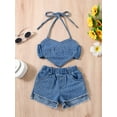 thumbnail image 5 of Toddler Baby Girl Summer Clothes 1Y 2Y 3Y 4Y 5Y 6Y Denim Shorts 2PCS Set Sleeveless Strap Cami Crop Top Elastic Pants Outfits, 5 of 9