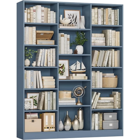 Triple Wide Bookshelf, 6 Tier Large Bookshelf, Bookcase with 17 Open Display Shelves, 74'' Tall Bookcases and Bookshelves for Living Room, Home Office, Library, Blue