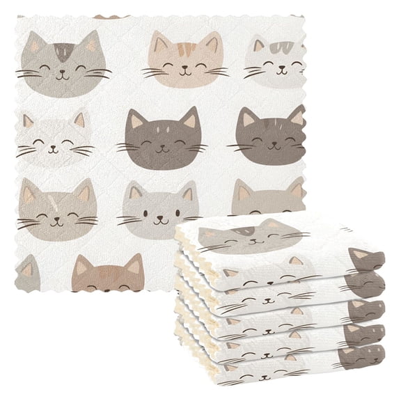 Yayeee 6 Pack Kitchen Dishcloths for Washing Dishes Soft Absorbent Microfiber Towels, Light Gray Cat Pattern