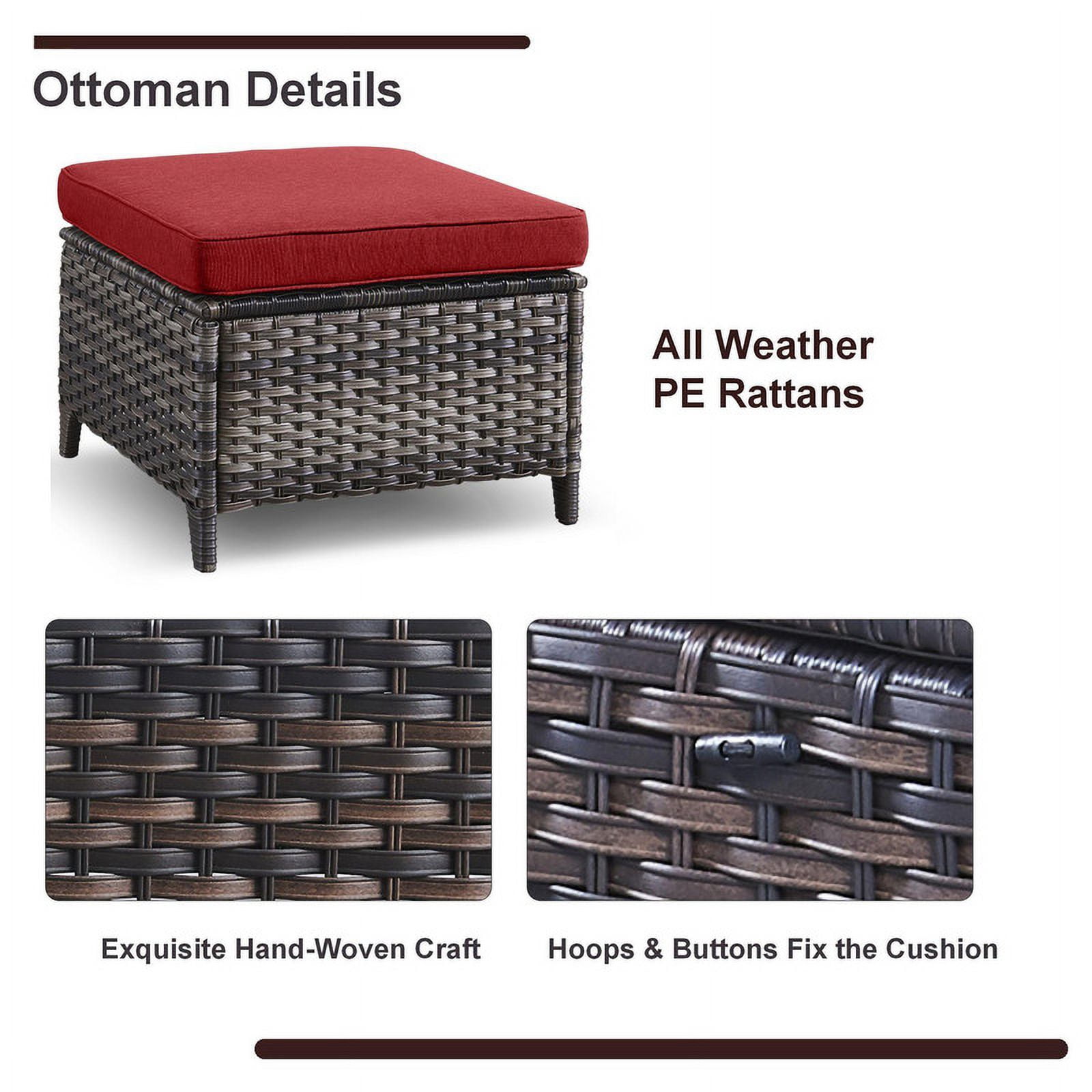 PARKWELL 2PCS Outdoor Wicker Ottoman Patio Rattan Furniture Footrest Seat Square Footstool w/Red Cushion