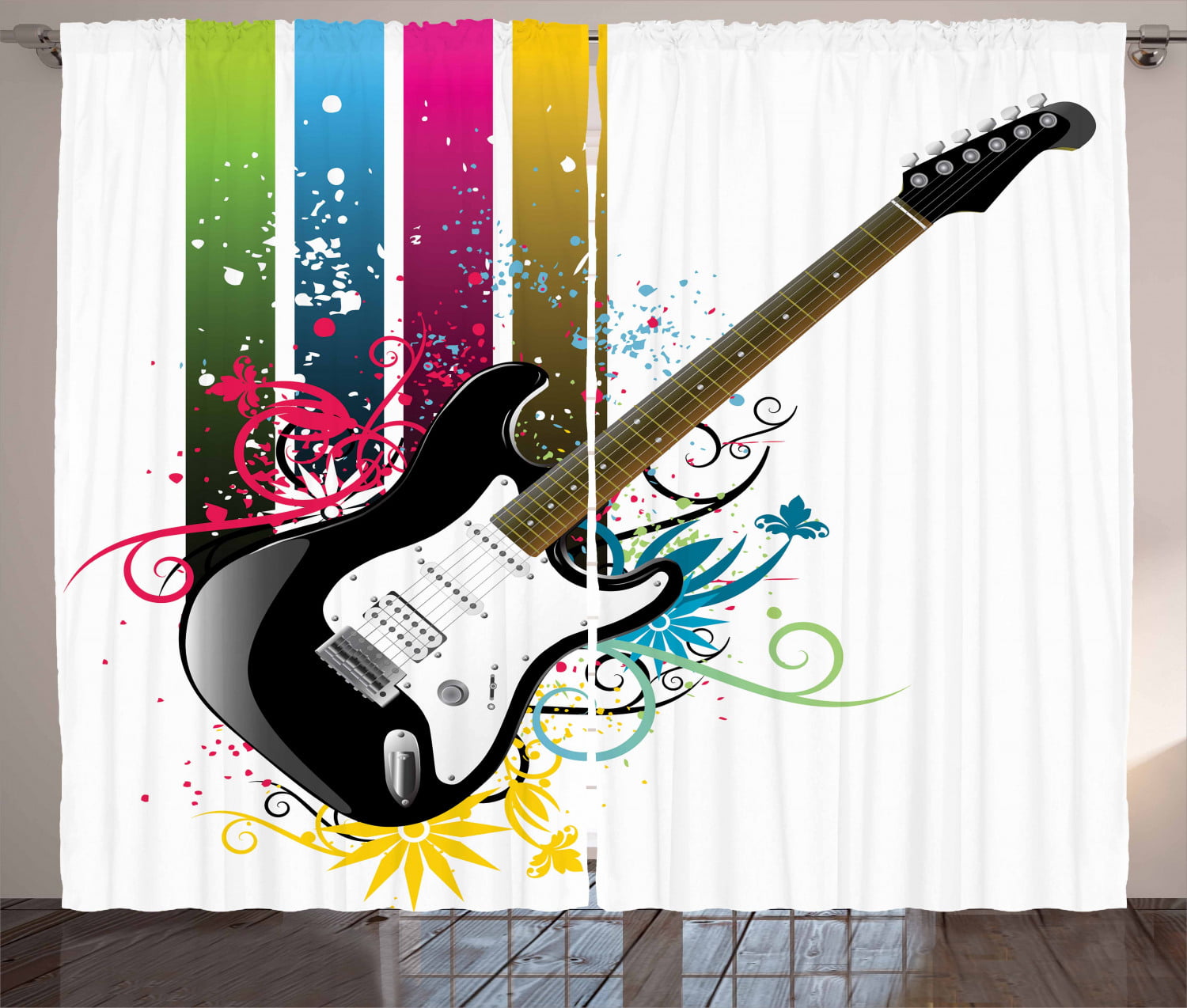 Guitar Curtains 2 Panels Set, Bass Guitar on Colorful Vertical Stripes ...