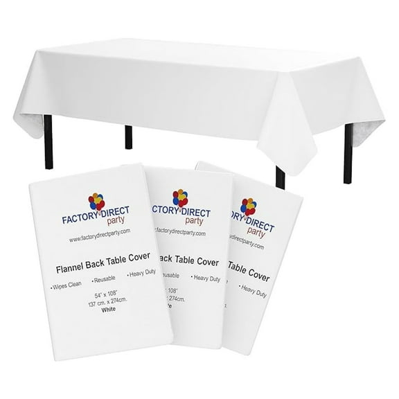 White Vinyl Tablecloths 54x108 - Pack of 3 - Rectangle Tablecloth with Flannel Backing - Plastic, Reusable, Waterproof Table Covers for Parties & Everyday Use
