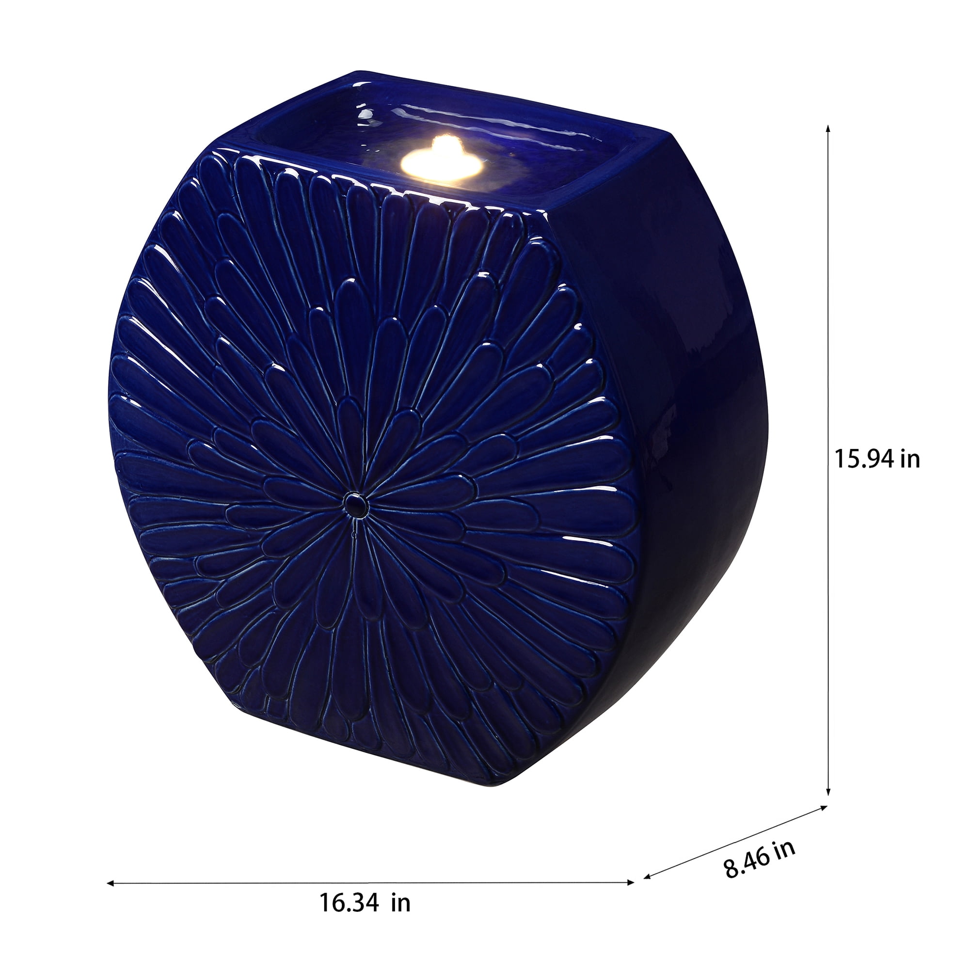 Dark Blue Ceramic Orbital Bubble Fountain, Decorative Water Fountain with LED Lights and Quiet Pump, Indoor Outdoor Water Feature for Patio, Garden, Deck, Balcony, Office and Home Décor