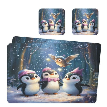 

Wobogo Three Cute Cartoon Penguins Placemats Coasters Set of 2 Heat-resistant Non-slip Easy to Clean Square Dinner Plate Mat