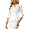 thumbnail image 4 of INSPIRE CHIC Women's Lace Keyhole Front Sheer 3/4 Sleeve Peplum Blouse Top L White, 4 of 5