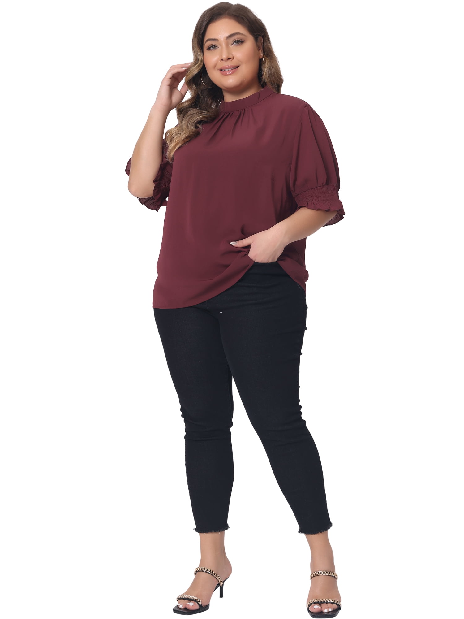 DARING DIVA Women's Plus Office Pleated Short Puff Sleeves Mock Neck Top 4X Burgundy