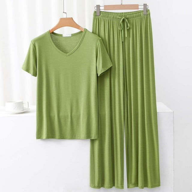 TACILIP Ensembles 2 Pcs pour Femmes Ensembles de Détente d'Été Tenues Col en V Manches Courtes Hauts Pantalons à Jambes Larges Pyjamas pour Femmes Ensemble