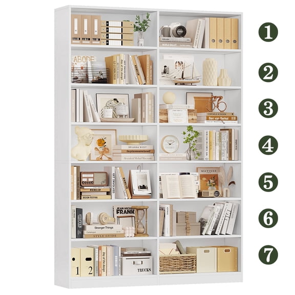 Hiphuta 84" Tall Double Wide 7-Tier Bookcase with 14 Cubes, Large Open Bookcase for Home Office and Living Room, Freestanding Display Book Shelves, White